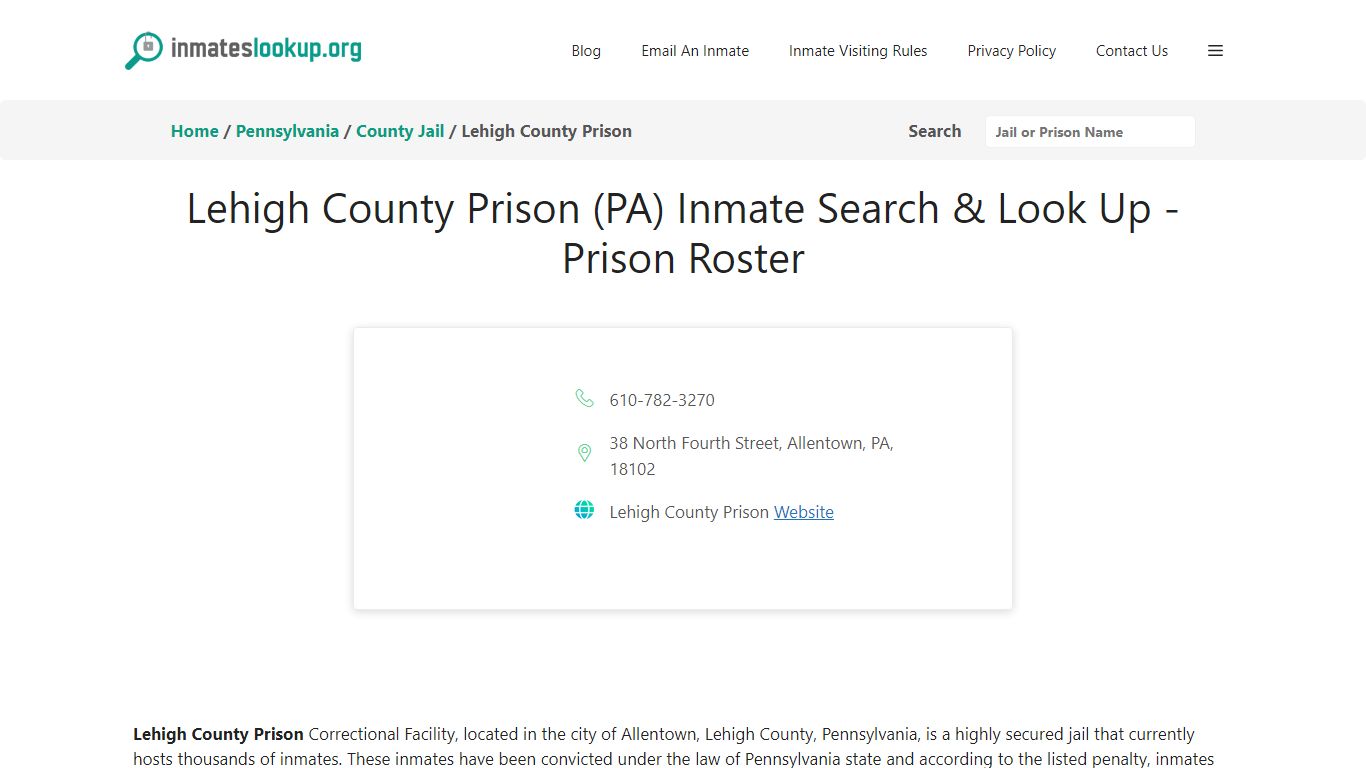 Lehigh County Prison (PA) Inmate Search & Look Up - Prison Roster
